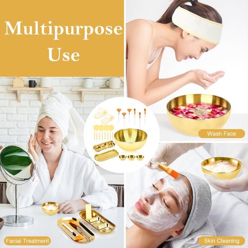 26 Gold Esthetician Supplies 3 Fan Brushes Esthetician 3 Facial Mask Mixing Bowls Large Gold Serving Bowls 3 Facial Flat Brushes Skincare Tray 3-Section Serving Tray 12 Facial Sponges 2 Spa Headbands