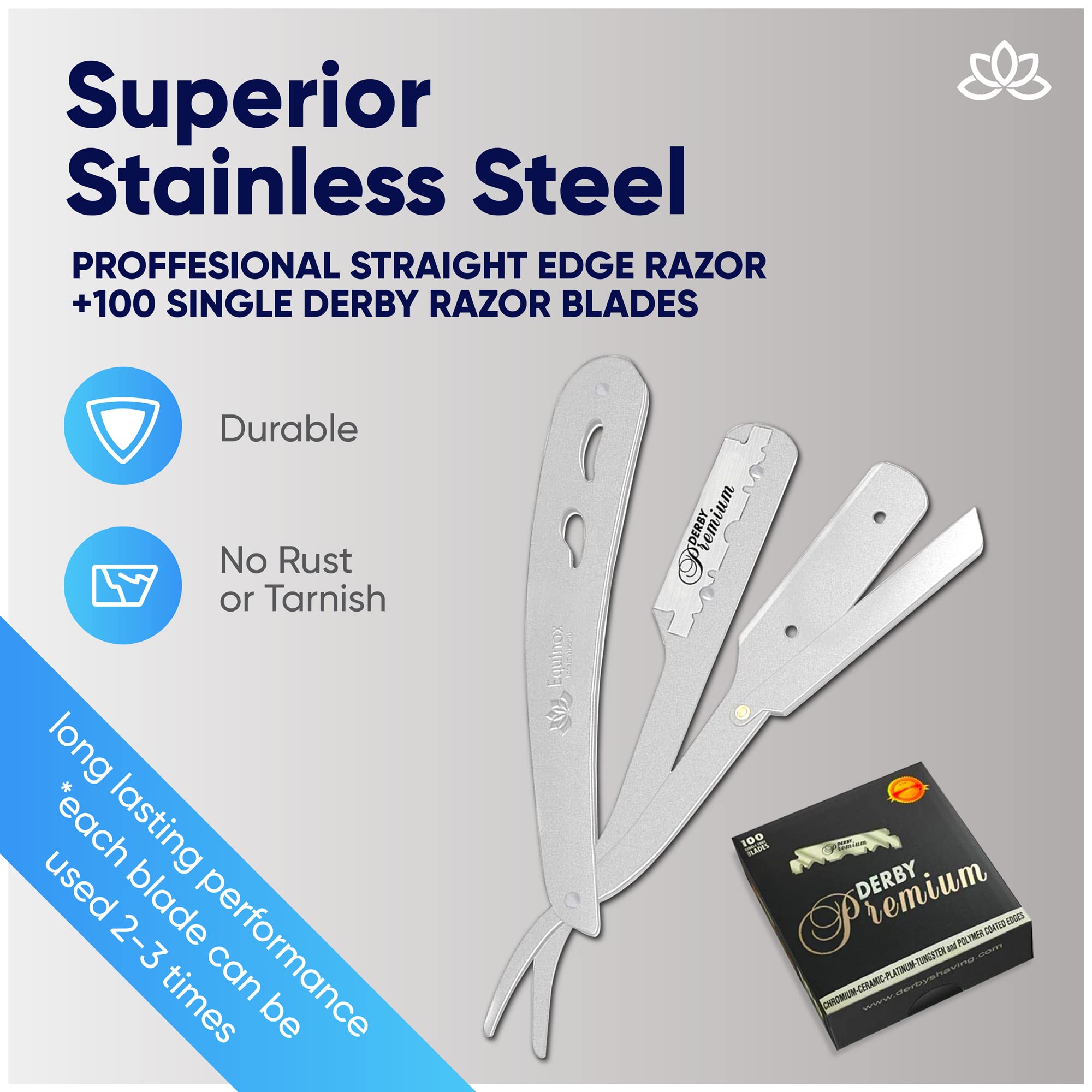 Equinox Straight Edge Razor - Includes 100 Single Derby Blades - Professional Manual Shaver - Stainless Straight Razor Steel - Ideal for Close Shaving - Stainless Straight Razor