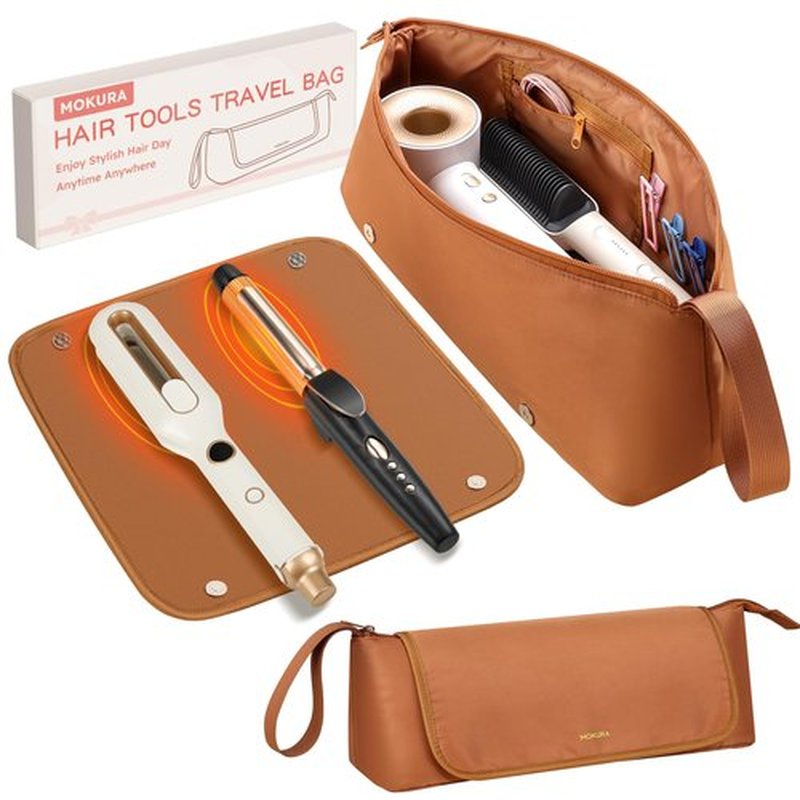 MOKURA Hot Hair Tools Travel Bag with Heat Resistant Mat Removable, Hair Accessories Organizer Case, Women Travel Essentials, Storage Pouch for Curling Iron Straightener Flat Iron Hair Dryer, Brown
