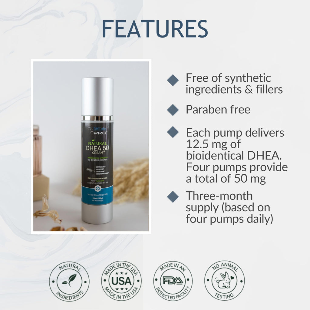 BIOLABS PRO Dhea Cream - Bioidentical Natural Dhea for Women Or Men - 50mg Per Dose - Three Month Supply - Luxury Bottle - 3.6oz