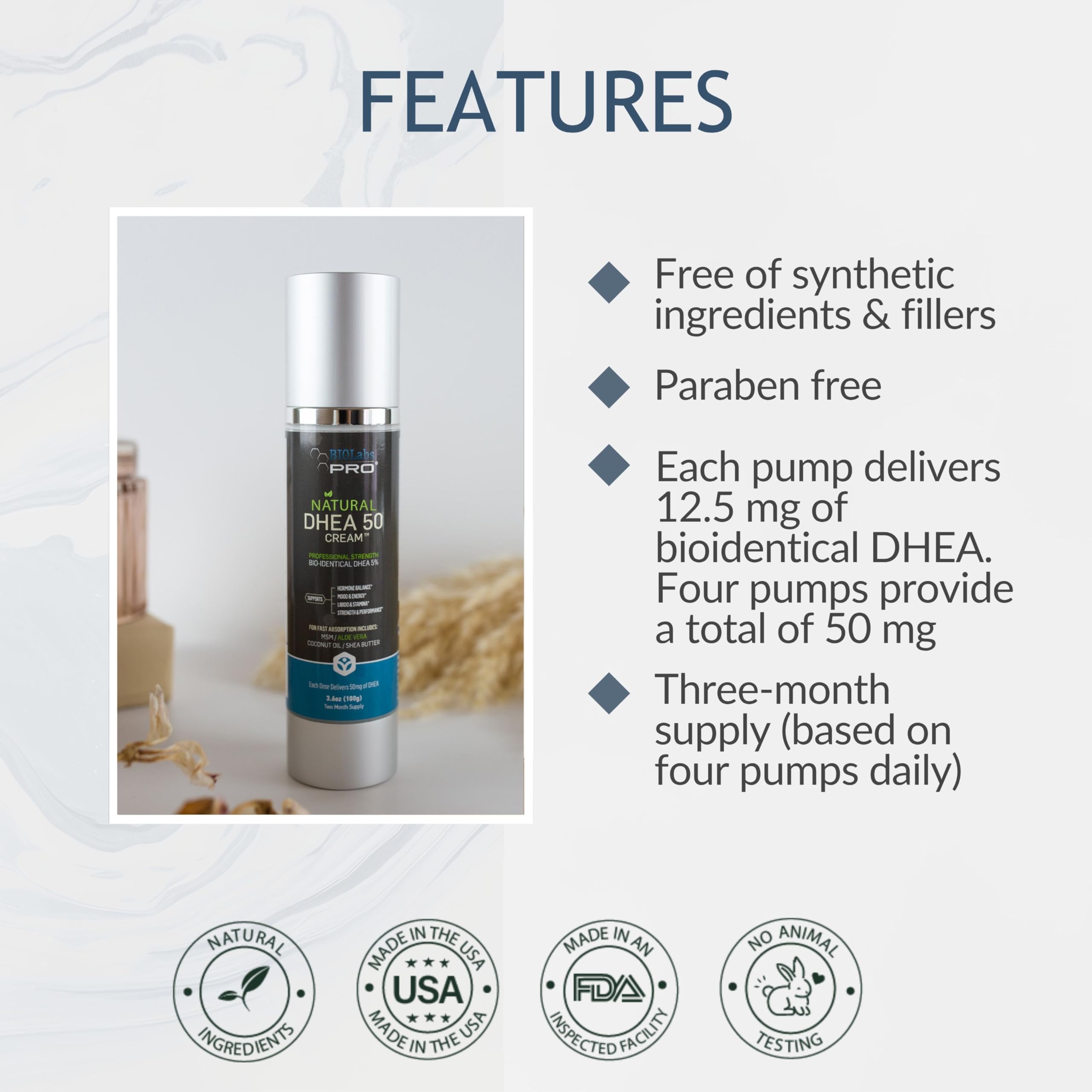 BIOLABS PRO Dhea Cream - Bioidentical Natural Dhea for Women Or Men - 50mg Per Dose - Three Month Supply - Luxury Bottle - 3.6oz