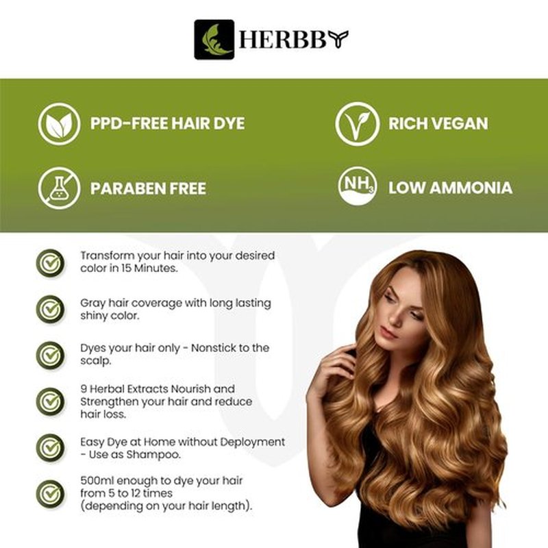HERBBY Hair Color Shampoo - Gray Hair Coverage & Color Transformation with 9 Herbal Extracts | Long Lasting (6-8 Weeks), Shiny Wild Honey Color, 500 ml