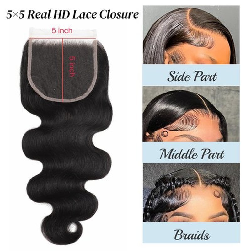 5x5 SKINLIKE 100% Real HD Lace Closure Body Wave Human Hair Closure 0.095mm Ultra-thin Invisible Swiss HD Lace Closure Pre Plucked Small Single Knots Brazilian Virgin Human Hair HD Closure 16inch