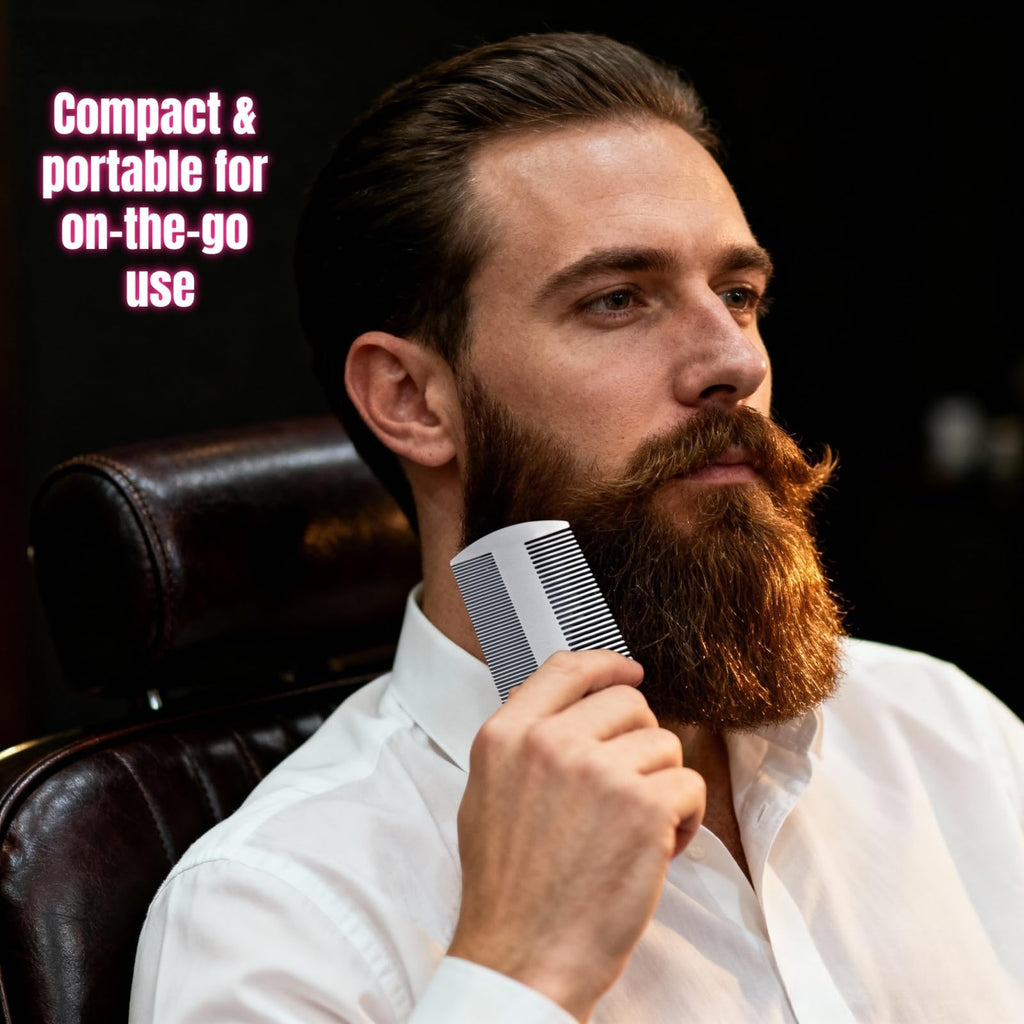 2 Pcs Metal Beard hair Comb for Men - Stainless Steel Pocket Mustache Comb, Dual Action Fine & Wide Teeth, Credit Card Size, Anti-Static, Lice Remover, Barber Styling - Silver