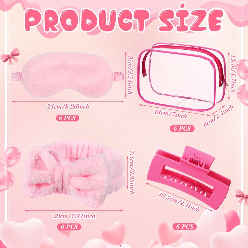 Wavyknot 24pcs Sleepover Party Favors for Women 6 Pink Spa Makeup Headband 6 Plush Sleep Eye Mask 6 Rose Red Hair Claw Clips 6 Clear Cosmetic Bags for Adult Slumber Party Supplies Gifts