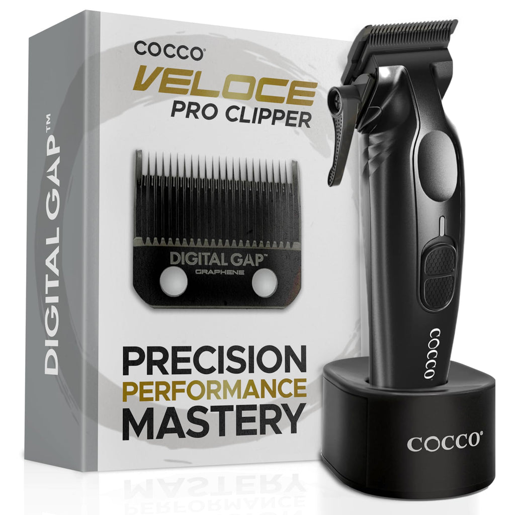 Cocco Veloce Pro Clipper, Digital Gap Ambassador Graphene Taper Blade Professional Hair Clippers, High-Torque BLDC Motor, All-Metal, Cordless, Charging Base Included, Matte Black