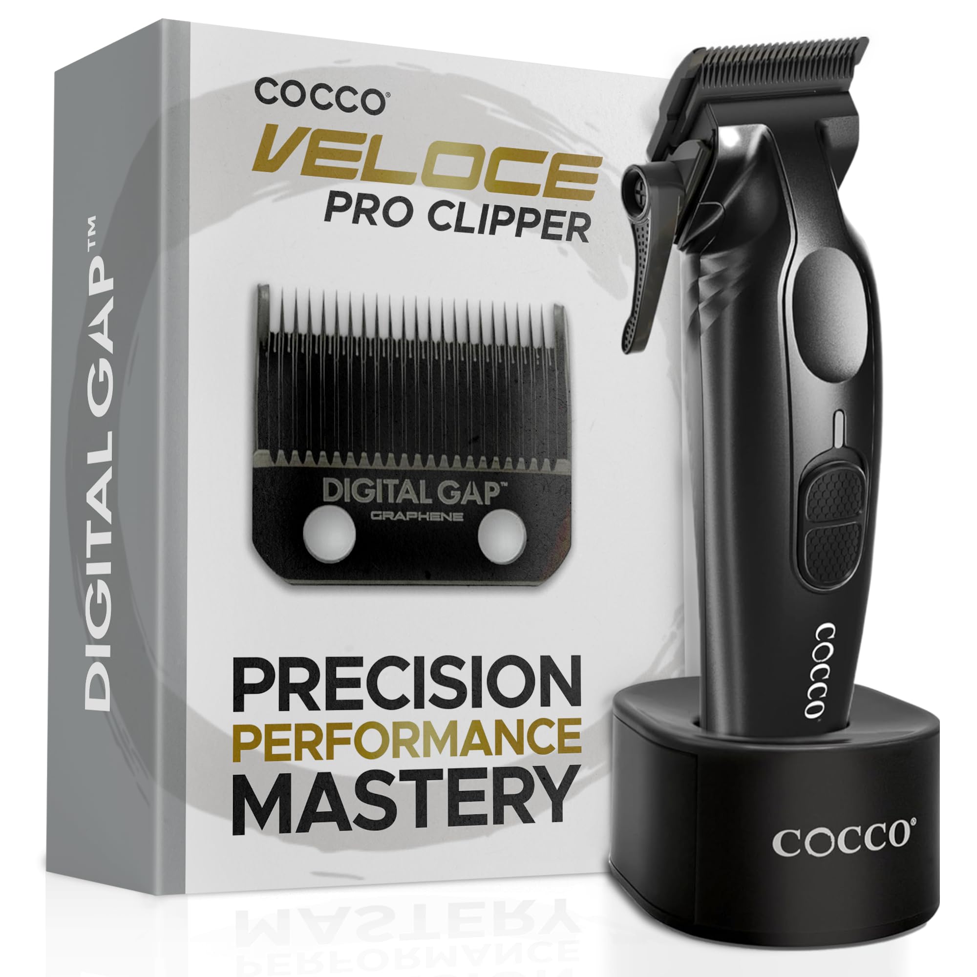Cocco Veloce Pro Clipper, Digital Gap Ambassador Graphene Taper Blade Professional Hair Clippers, High-Torque BLDC Motor, All-Metal, Cordless, Charging Base Included, Matte Black