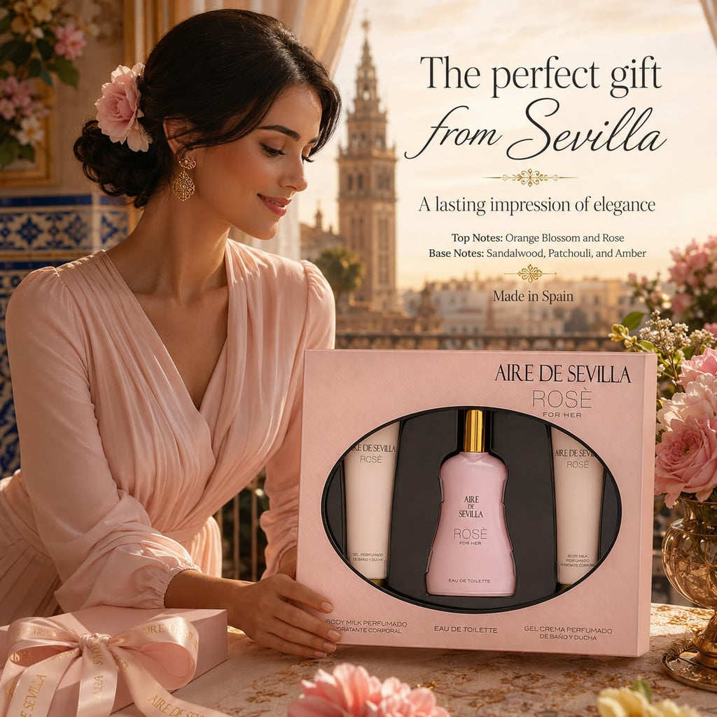 Instituto Español Aire de Sevilla Rose Gift Set for Women, Travel Size Eau de Toilette, Body Gel & Body Lotion (100 ml / 3.4 fl oz Each)