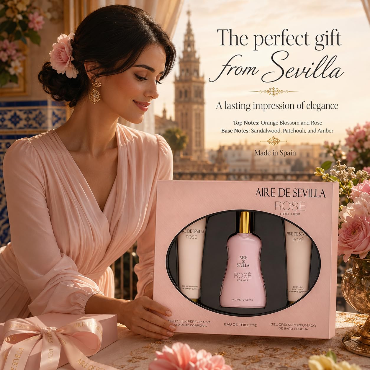 Instituto Español Aire de Sevilla Rose Gift Set for Women, Travel Size Eau de Toilette, Body Gel & Body Lotion (100 ml / 3.4 fl oz Each)
