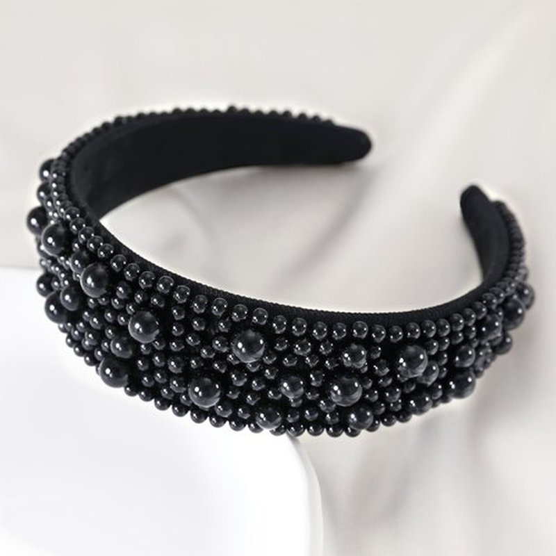Gmmidea Wide Pearl Headbands for Women Little Girls Beaded Padded Headband Fashion Elegant Bridal Headband Holiday Decorative Hairband Cute Hair Accessories C-Black