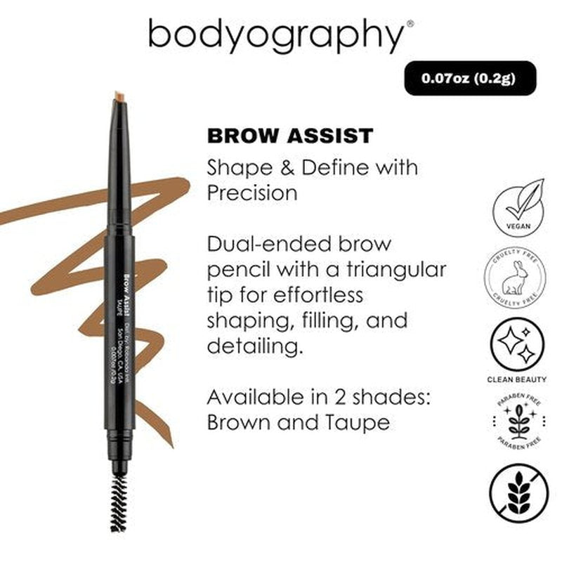 Bodyography Brow Assist - Brown Triangular Tip Eyebrow Pencil with Built-In Spoolie | Defines & Fills Brows | Vegan Formula with Castor & Coconut Oil