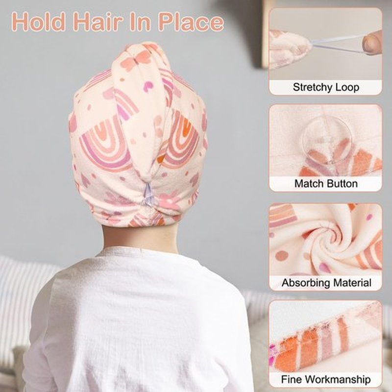 Basumee Microfiber Hair Towel Wrap for Kids 2 Pack Rapid Drying Hair Towel with Button Hair Turbans for Wet Hair Wraps Head Towel Wrap for Women and Girls