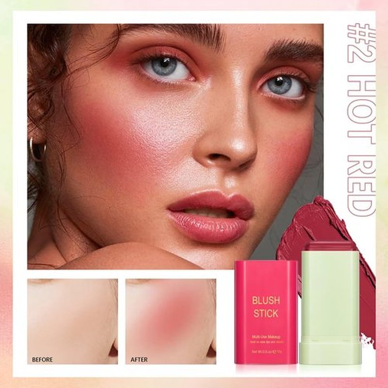 GMaxit Multi-Use Makeup Blush Stick,Beauty Solid Moisturizer Stick,Waterproof Natural Nude Makeup,Tinted Solid Moisturizer Stick for Eyes Lips Cheek(2#Hot Red)