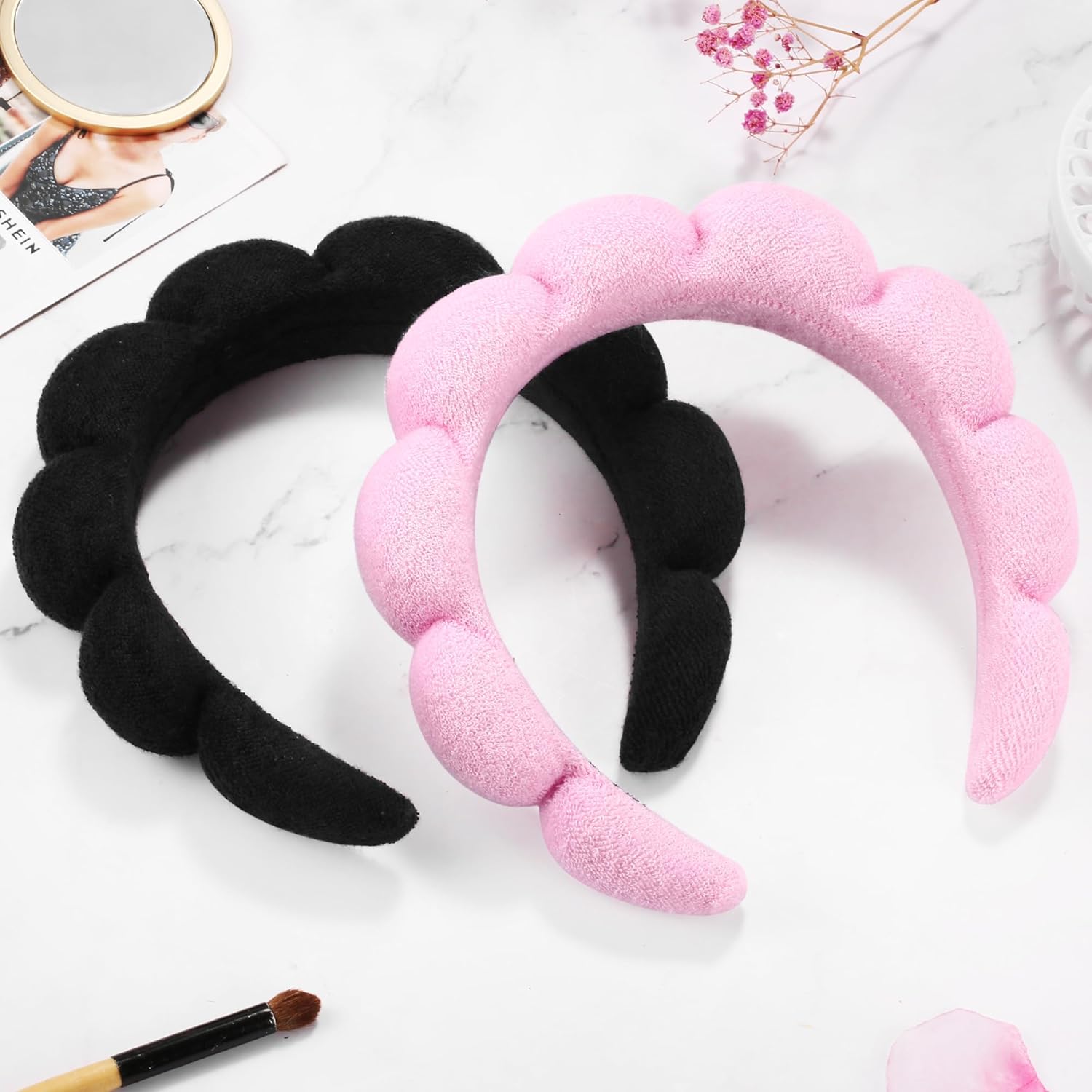 Ztomine Spa Headbands - Set of 2 Terry Cloth Skincare Headbands for Face Washing | Black & Pink