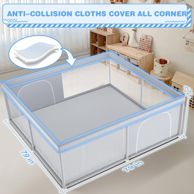 XVISHX Baby Playpen - 79 x 79 Inch Playard for Indoor & Outdoor Use | Soft, Breathable Mesh in Grey