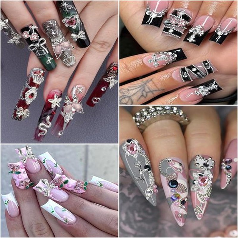 KACHIMOO Silver Nail Charms and Gems,Pink Nail Art Charms 4 Boxes Nail Gems Nail Pearls 3D Butterfly Cherry Heart Star Bow Flower Dollar Cross Nail Rhinestones,3D Nail Art Charms for Nails Design