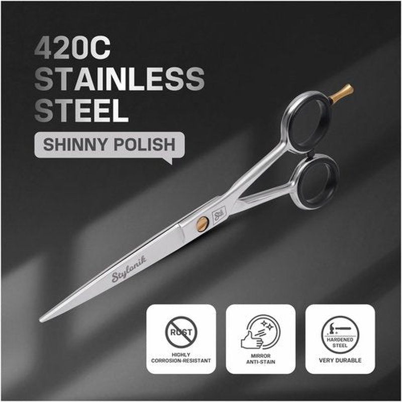 Stylonik Hair Cutting Scissors-Professional Hairdressing Scissors for Women,Men,Hair Stylists,Salon,Barber- 6.5-Inch Stainless Steel Hair Scissors with Finger Rest (Classic Scissor Shinny Polish)
