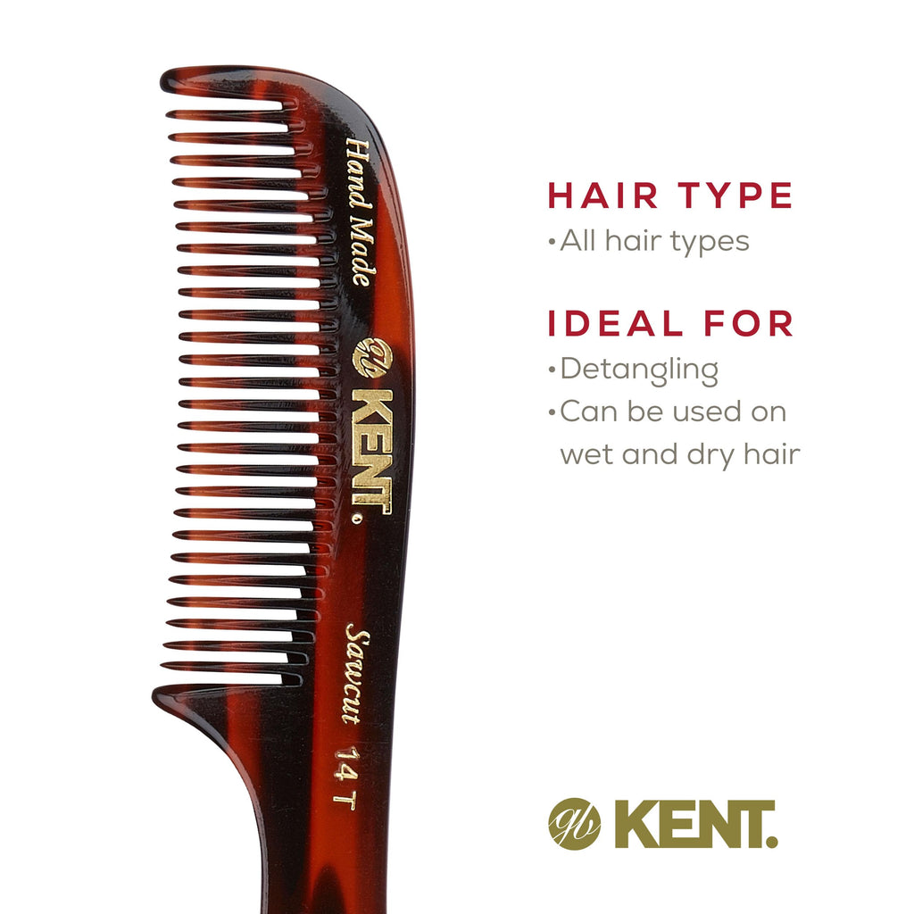 Kent 14T Tortoise Large Detangling Comb, Wide Teeth for Long Thick Curly Wavy Hair. Hair Detangler Comb For Wet and Dry. Saw-Cut from Cellulose and Hand Polished, Handmade in England