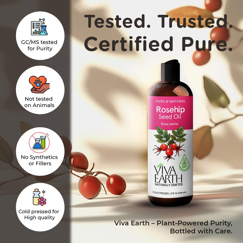 Viva Earth Rosehip Oil – 100% Pure & Natural Cold Pressed Rosehip Oil for Face | Lightweight, Fast-Absorbing | Face & Skin, Hair & Scalp, Gua Sha Massage, for All Skin Types, 8 Fl Oz