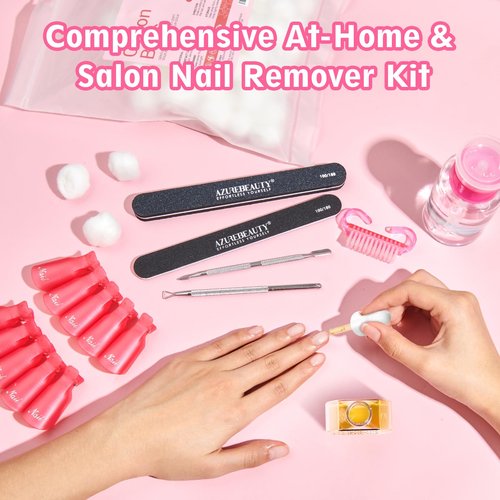 AZUREBEAUTY Nail Polish Gel Remover Tools Kit with Nail Clips, 150ml Remover Bottle, 10ml Cuticle Oil, 100 Nail Remover Cotton Balls, Cuticle Pusher Peeler Brush, 100/180 Nail File, Buffer Tools