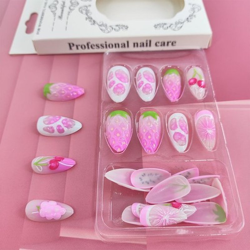 Handmade Press on Nails Pink Fake Nails with Cherry Oranges Strawberry 3D Designs 24 Pcs Medium Almonds Reusable Acrylic Nail Full Cover Stick on Nail for Summer Women No Glue WYFHDT
