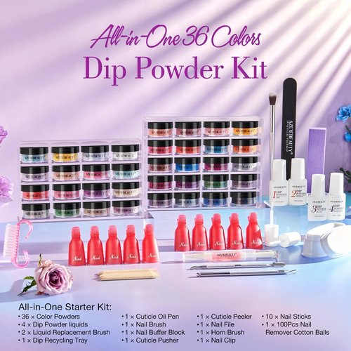 AZUREBEAUTY 170Pcs Dip Powder Nail Kit Starter 36 Colors Pink Red Purple Christmas Dipping Powder with Base/top Coat Activator Dip Liquid Set + Nail Removal Accessories Set for Gift