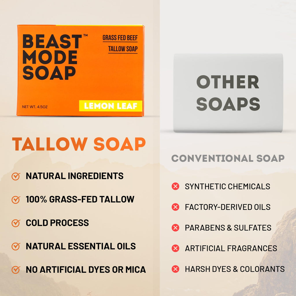 Beast Mode Soap for Men, Lemon Leaf, 4-Bar Pack – Natural Grass-Fed Tallow Bar Soap, Fresh Scent, Handcrafted, Non-Toxic
