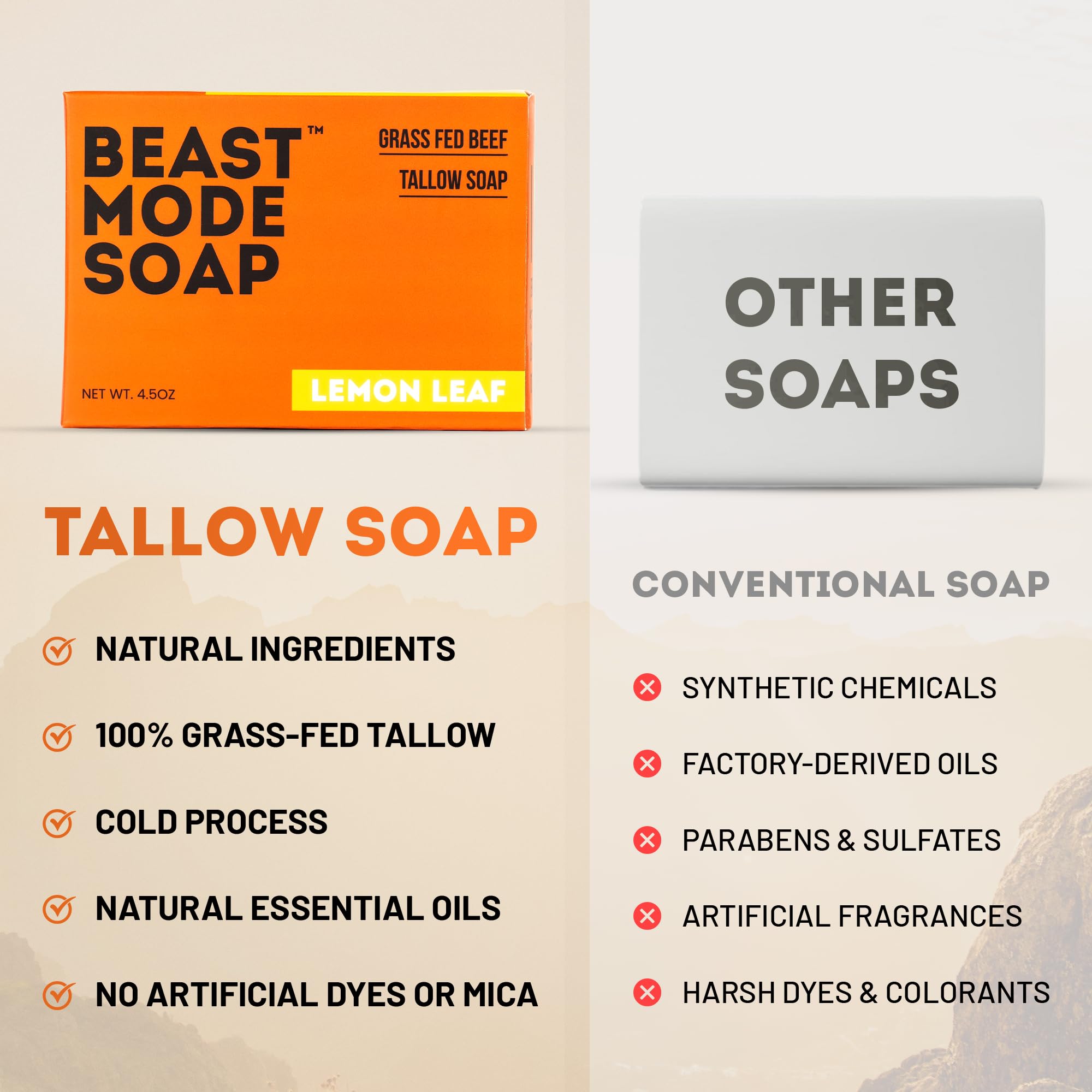 Beast Mode Soap for Men, Lemon Leaf, 4-Bar Pack – Natural Grass-Fed Tallow Bar Soap, Fresh Scent, Handcrafted, Non-Toxic