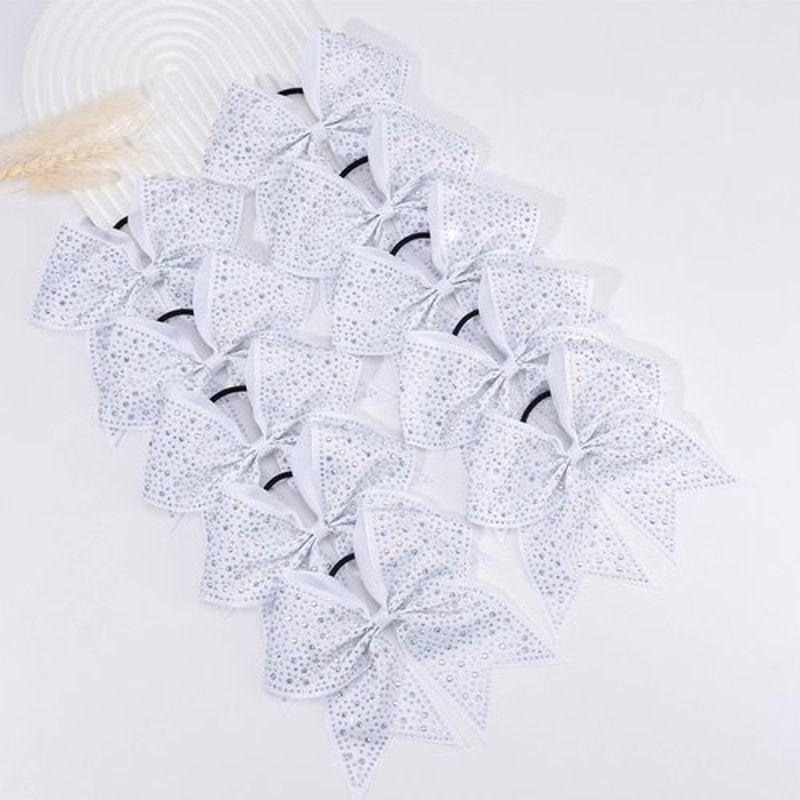 CN 10PCS Rhinestones Cheer Bows for Cheerleaders, White Glitter Hair Bows for Girls Large Elastic Ponytail Holder, Hair Accessories for Women Teens for Softball Competition School Spirit