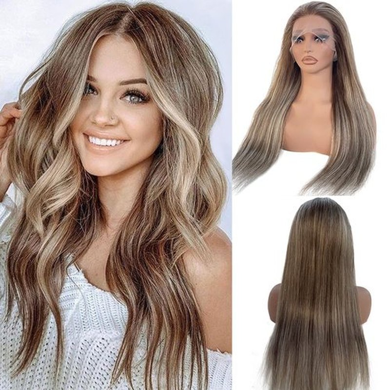 Ombre Blonde Lace Front Wigs Brown Balayge Human Hair 18 Inch 13x4 Lace Front Wigs for Women Pre Plucked with Baby Hair Glueless 150% Density Chestnut Brown with Ash Blonde Highlight Virgin Hair Wigs