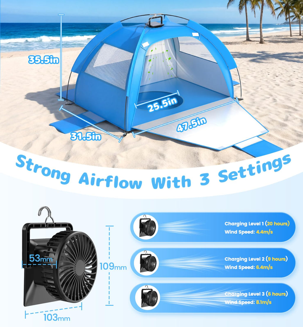Dsquu Baby Beach Tent Solar Cooling Fan, Anti-UV Toddler Beach Tent Sun Shelter Portable Travel Fan Beach Shade Tent, Baby Play Tent Built-in Ceiling Fan Sun Shelters Toddler Beach Essentials Blue