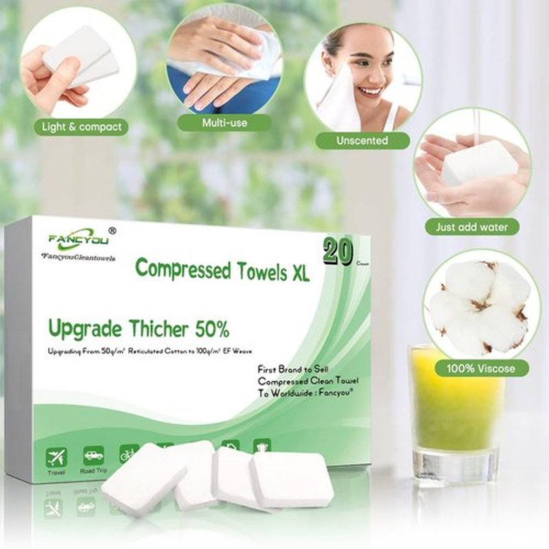 Fancyou Compressed Towel Tablets Thicken, 50 Pack Disposable Face Towel Quickly Expand with Water, Reusable Compact Washcloths 12"x9", Cotton Soft & Lint-Free Portable for Home Travel Beauty Guest