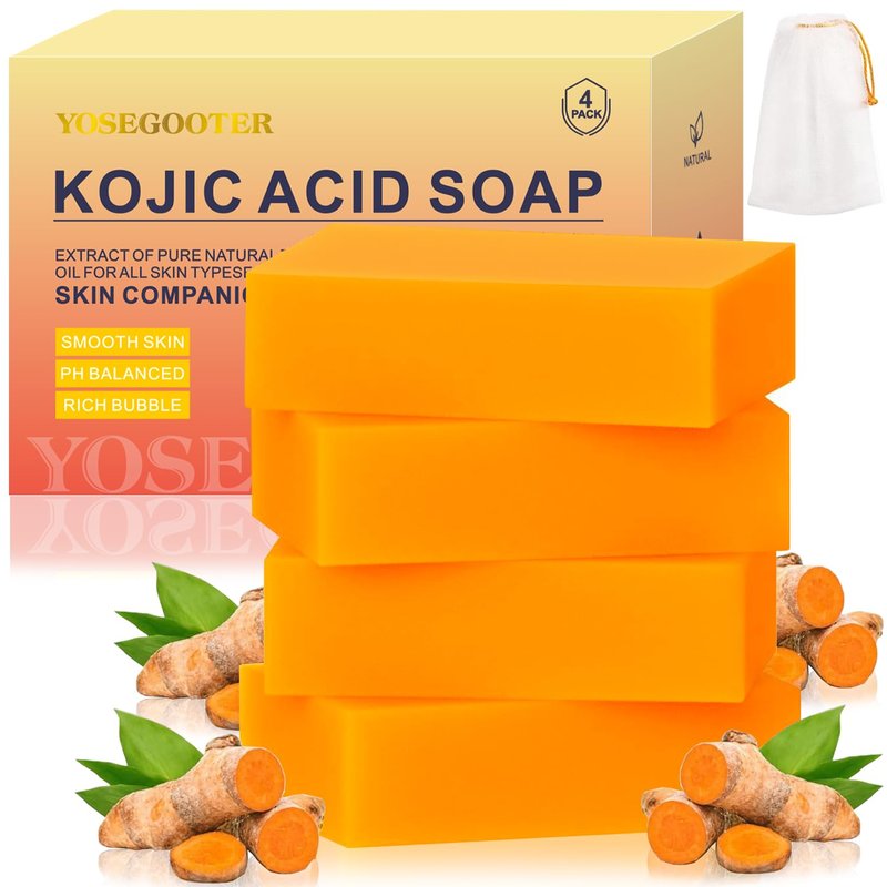 YOSEGOOTER Kojic Acid Soap 4 Packs 14oz,Turmeric Soap, Dark Spot Remover for face and body with Vitamin C, Retinol, Collagen, Original Japanese Complex - Vitamin E, Shea Butter, Castile Olive Oil