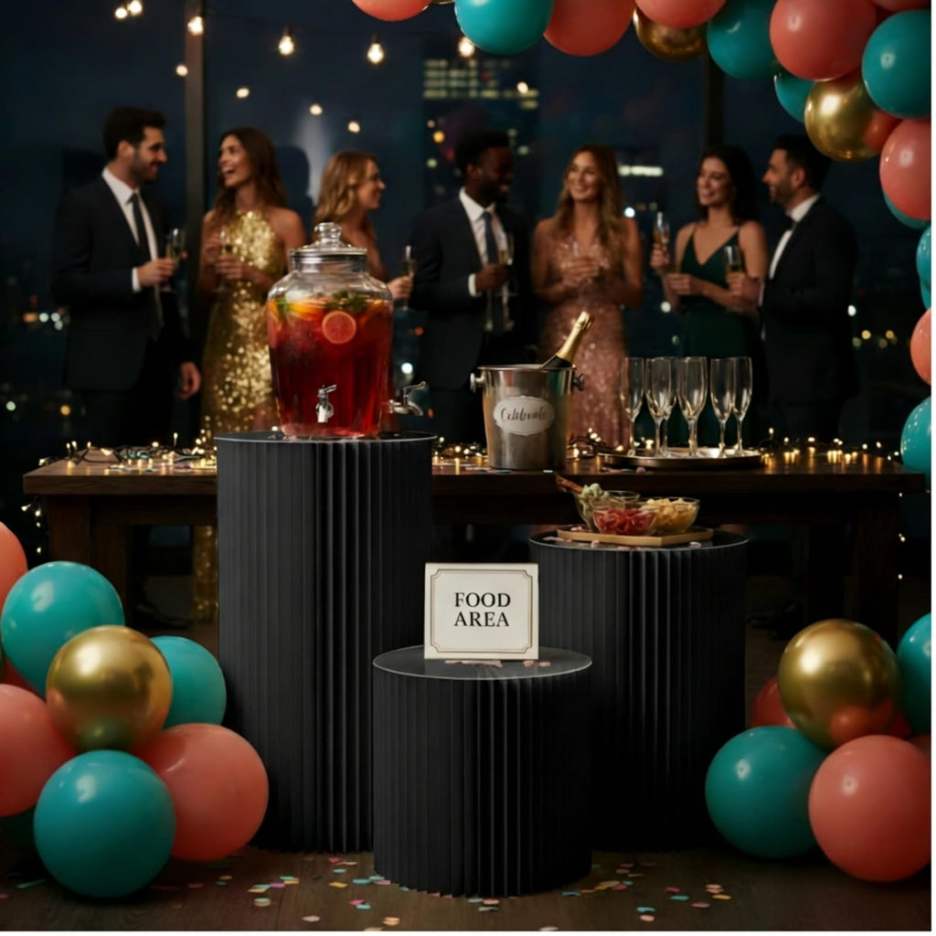 Cylinder Stands for Party, Shape&Use 3PCS Round Black Pedestal Display Stands, Foldable Cardboard Columns for Wedding, Birthday, Anniversary Decor, 15.7in Dia. (15.7/23.6/31.5in H) with Storage Bag