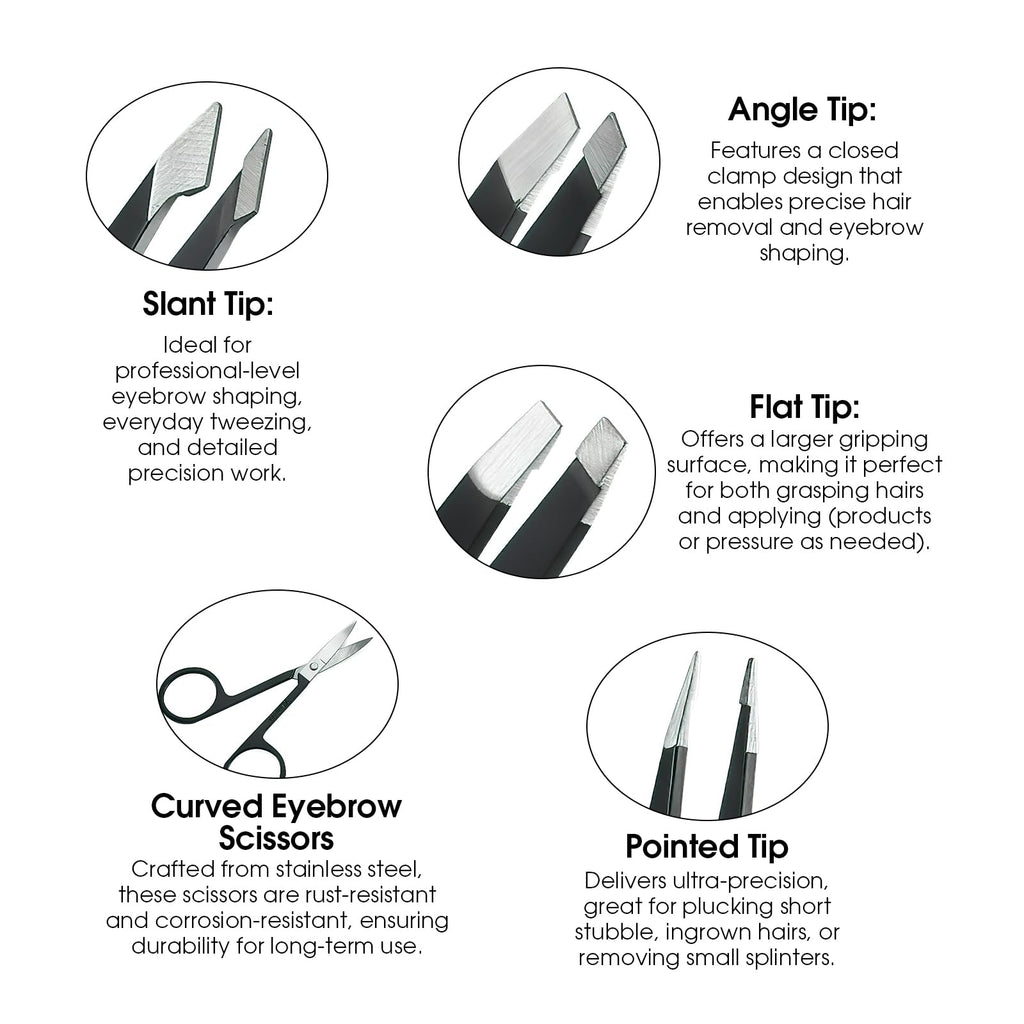 6 Pcs Tweezers Set – Eyebrow Tweezers with Curved Scissors for Ingrown Hair, Hair-Plucking Daily Beauty Tools for Women, with Leather Travel Case
