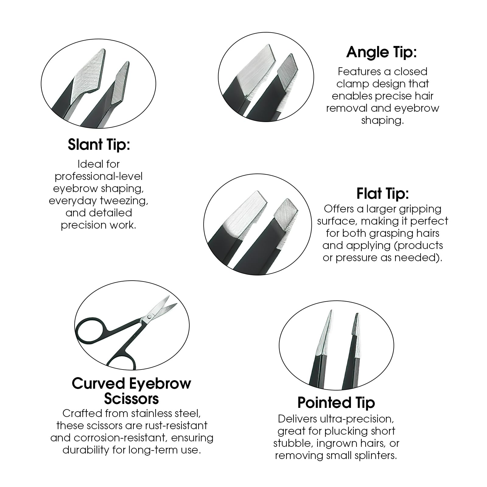 6 Pcs Tweezers Set – Eyebrow Tweezers with Curved Scissors for Ingrown Hair, Hair-Plucking Daily Beauty Tools for Women, with Leather Travel Case