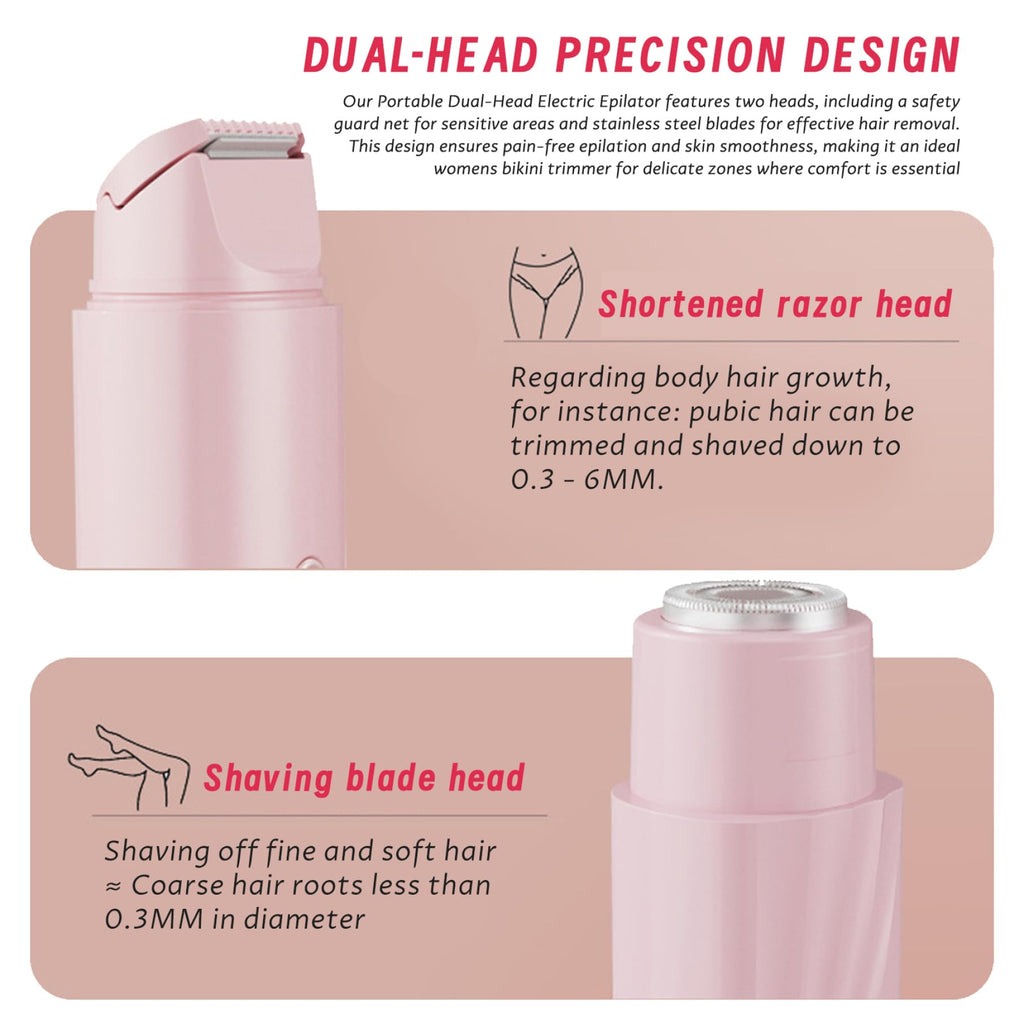 Dual Head Shaver Women, Electric Bikini Trimmer for Women, 2 in 1 Ladies Electric Shaver, Washable Dual Head, Rechargeable Portable Bikini Trimmer for Legs Arms Pubic Body