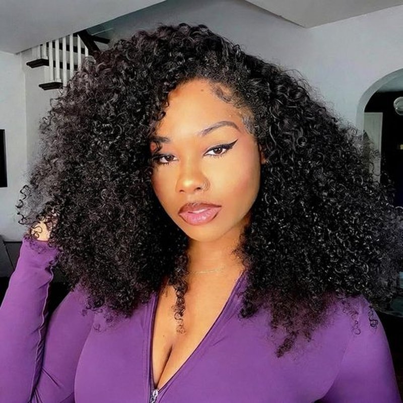 Ali Grace 20 Inch 250% Density Kinky Curly Half Wig Human Hair 3 In 1 Drawstring Seamless Flip Over Half Wigs For Women Glueless Wigs Beginner Friendly Half Curly Human Hair Wig Natural Black
