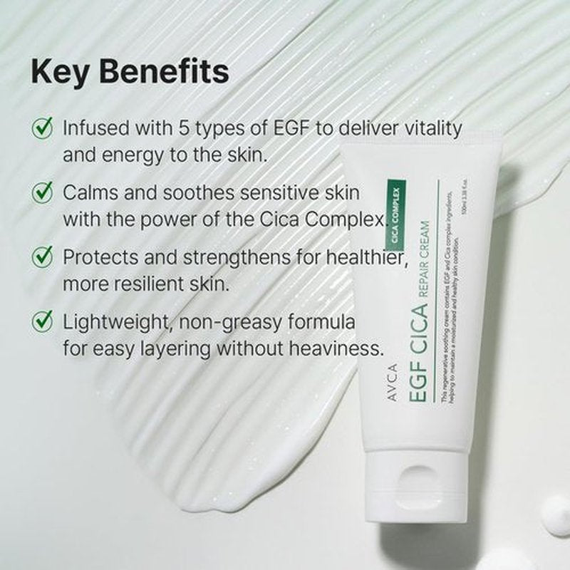 AVCA EGF Cica Repair Cream 100 mL (3.38 fl oz) – Fragrance-Free Moisturizer for Sensitive Skin with Centella & Aloe, Fast-Absorbing, Dermatologist-Tested, K-Beauty