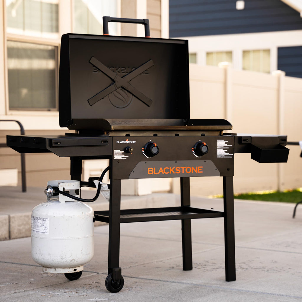 Blackstone Original 28" Griddle, Outdoor Cooking Station with Built-In Hood, Black - Includes Extendable Side Shelves and Caster Wheels