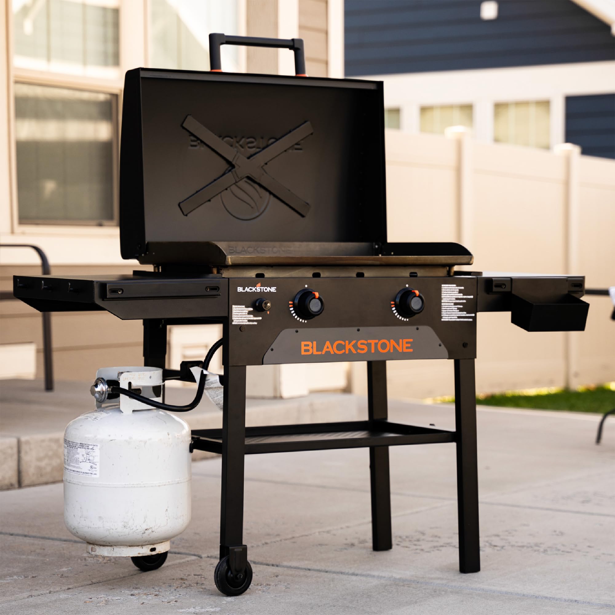 Blackstone Original 28" Griddle, Outdoor Cooking Station with Built-In Hood, Black - Includes Extendable Side Shelves and Caster Wheels