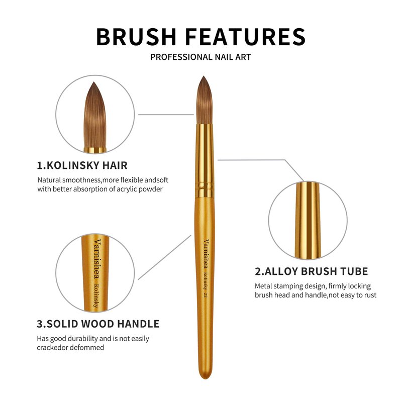 varnishea Kolinsky Acrylic Nail Brush Golded Solid Wood Handle Professional Manicure Brushes for Powder Nail Acrylic Application - Salon & DIY Nail Art Essentials - Size 16, 1.0 Count