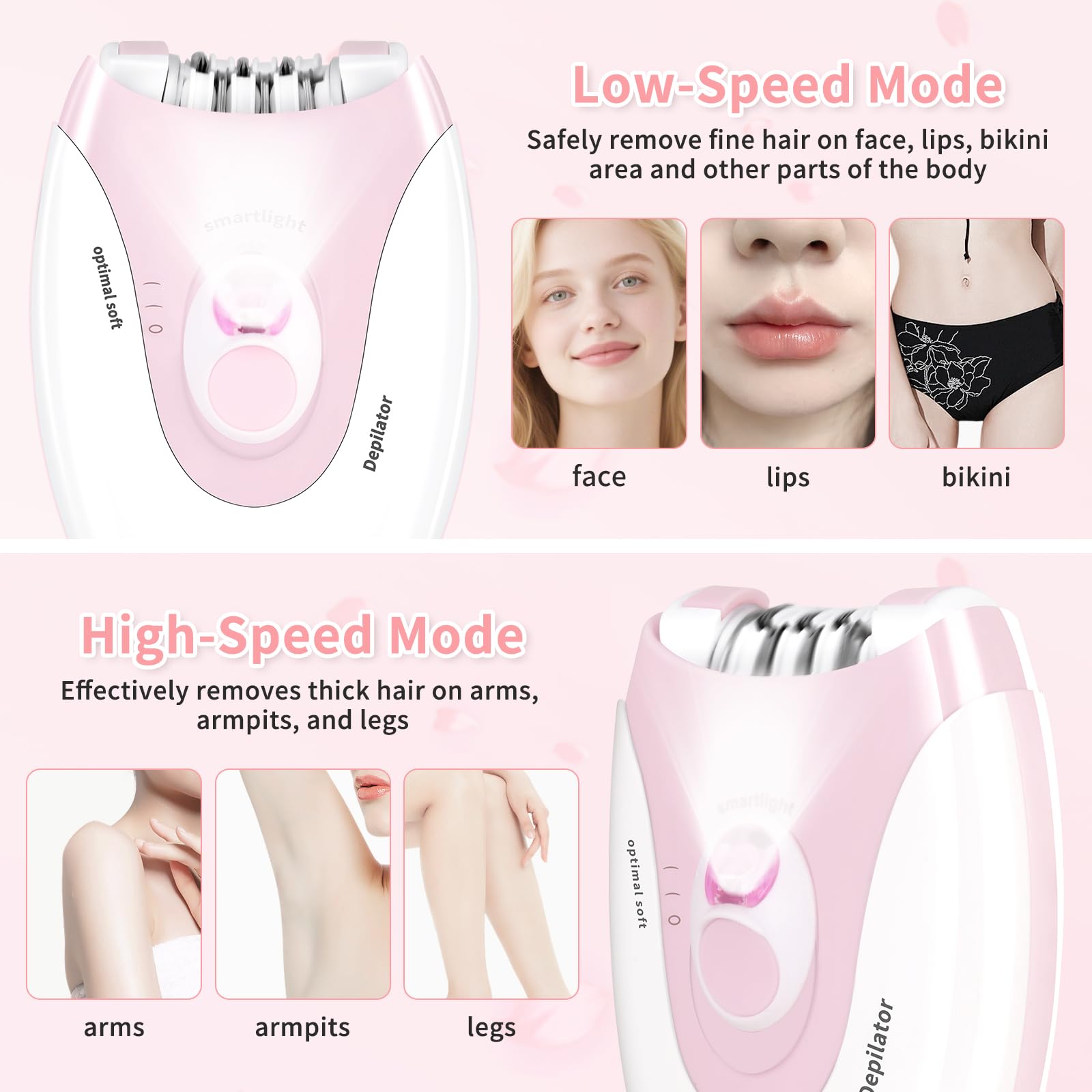 Epilator for Women - 2 Speeds Smooth Skin Face Epilators with LED - Long-Lasting Cordless Electric Tweezers Hair Remover for Armpit/Leg/Bikini Area/Arm/Facial Epilator Hair Removal for Women