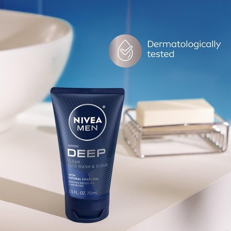 NIVEA MEN Deep Clean Face Wash and Scrub with Natural Charcoal, Exfoliating Face Wash for Men Removes Excess Oil, Dirt and Impurities, Beard Friendly Skin Care, 2.5 Fl Oz Tube, Pack of 3