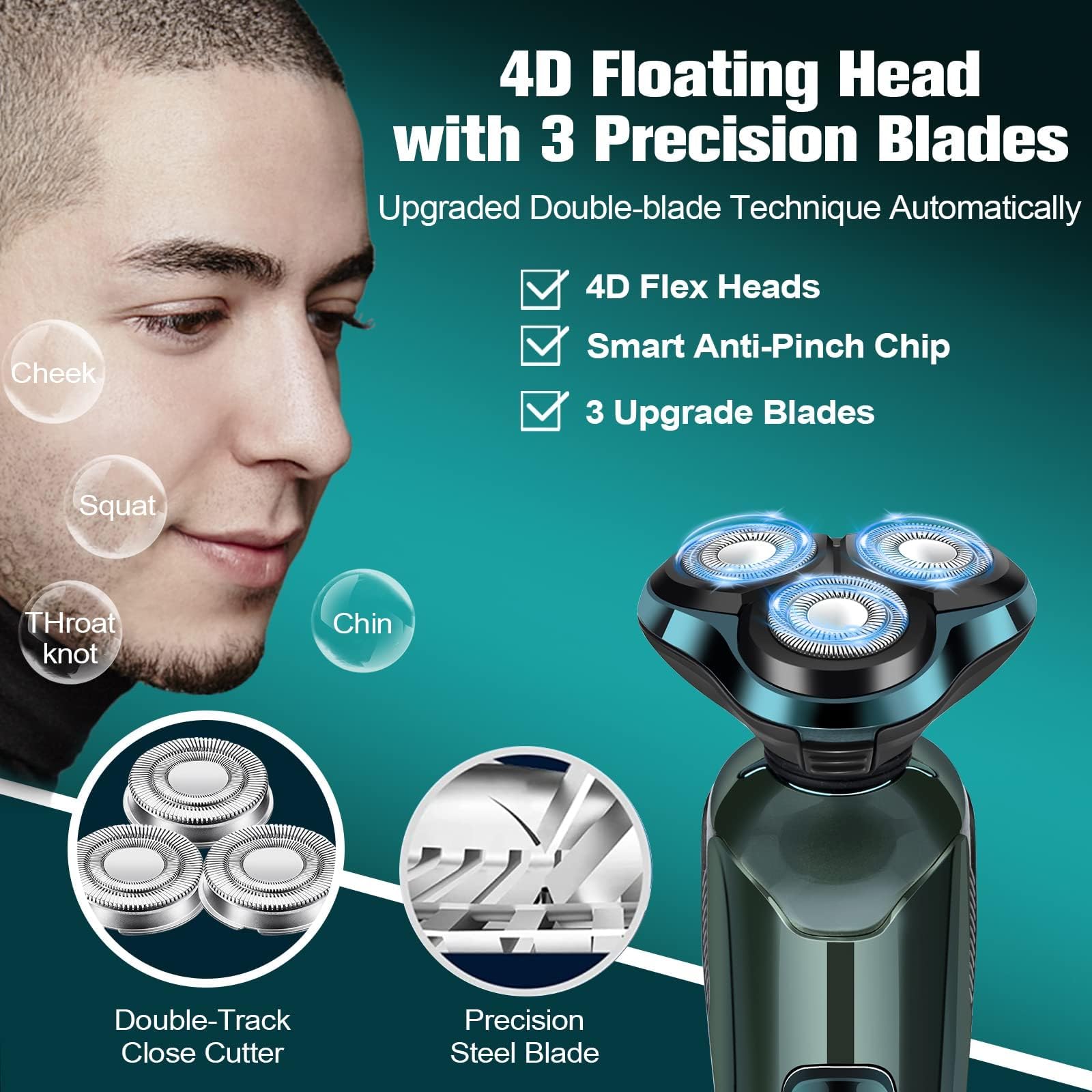 Electric Razor for Men, 3-in-1 Shaver with Floating Blades for Nose Hair &Sideburns,Replacement Blades, Pop-up Trimmer, IPX7 Waterproof, Travel Lock, Wet & Dry Use, Face Shaving Grooming Travel Kit