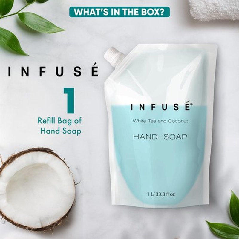 INFUSÉ 1 Liter Hand Wash Refill Bag For Soap Dispensers | Bulk Toiletries for Vacation Rentals, and Home Bathroom Showers | White Tea and Coconut | Single