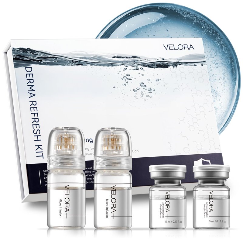 VELORA Micro Infusion System for Face - Hydrating Peptide & Hyaluronic Acid Serum Set, Skin-Smoothing Radiance Set with 0.25mm Stamp, At-Home Facial Kit, 1-Month Supply