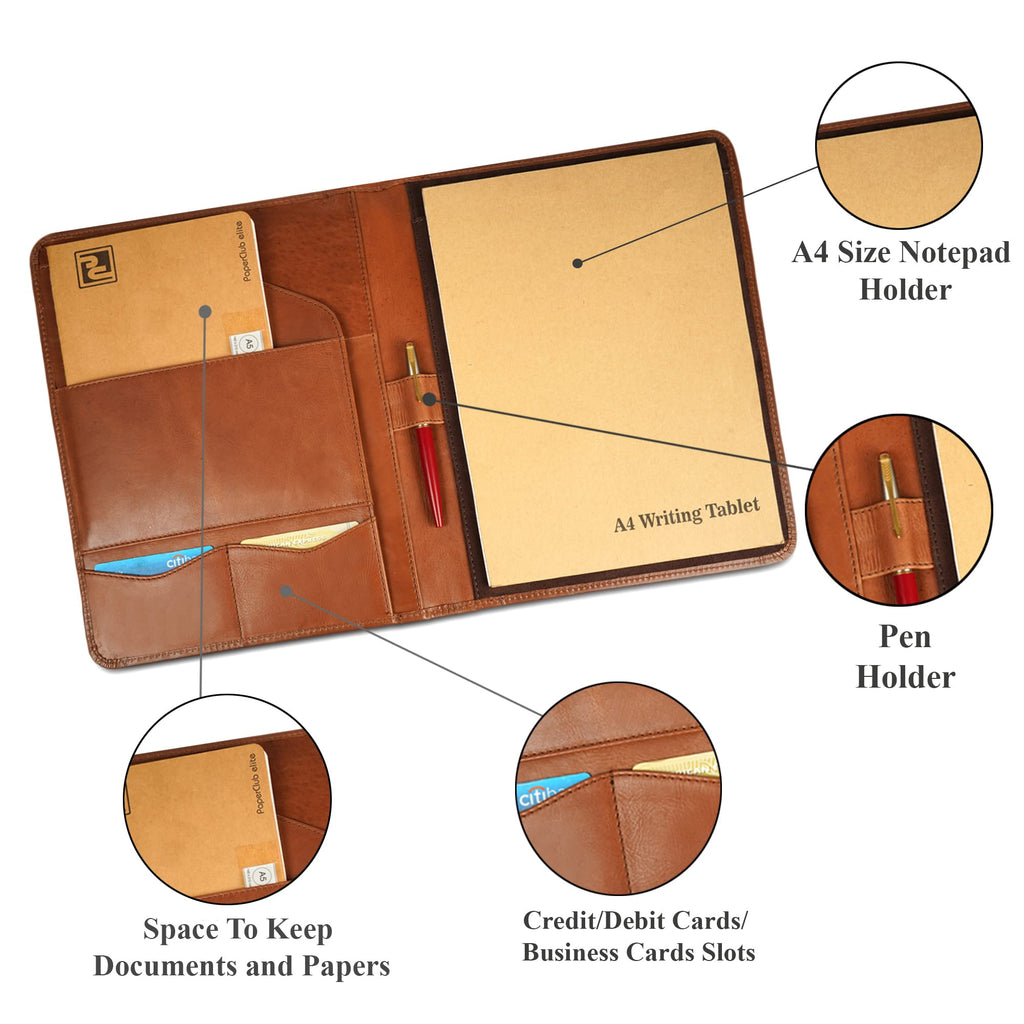 CestAntiQ, Leather Portfolio A4 Document Folder Legal Pad Padfolio, Professional Writing Letter Notepad Clipboard Sleeve Organizer, Resume Folio Binder for Men & Women Classic Brown