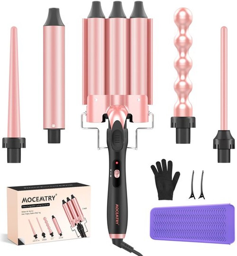 MOCEMTRY 5 in 1 Curling Wand Set (0.35"-1.25") with 3 Barrel Hair Crimper, Bubble Curling Wand and 3 Ceramic Barrels, Curling Iron 1 inch Crimper Hair Tool Waver with Two Temp Control, Gifts for Women