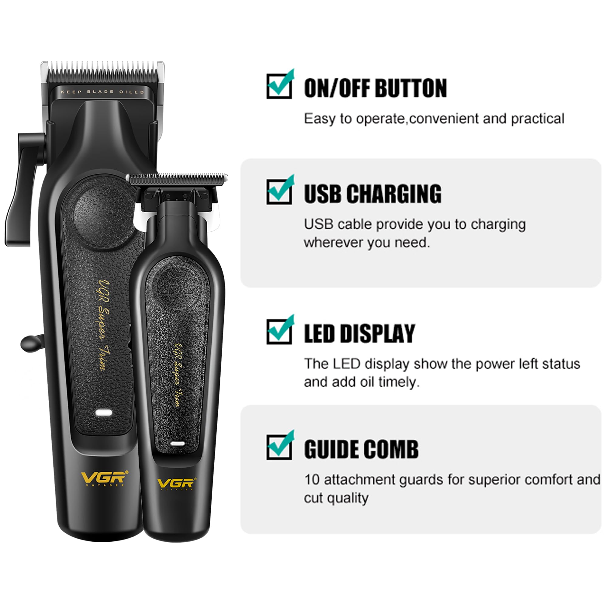 VGR Professional Hair Clippers for Men - Cordless Barber Clippers & Zero Gapped Trimmer Set, 7000RPM High Power Hair Cutting Kit with Ceramic Blade, USB-C Rechargeable Grooming Tools for Fade V197&995